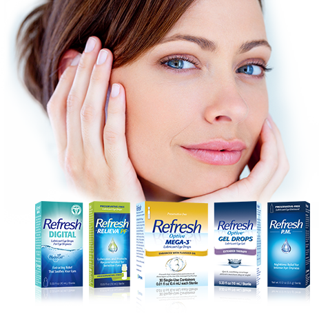 Woman with Refresh Digital, Refresh Relieva PF, Refresh Optive Mega-3, Refresh Optive Gel Drops, and Refresh P.M.